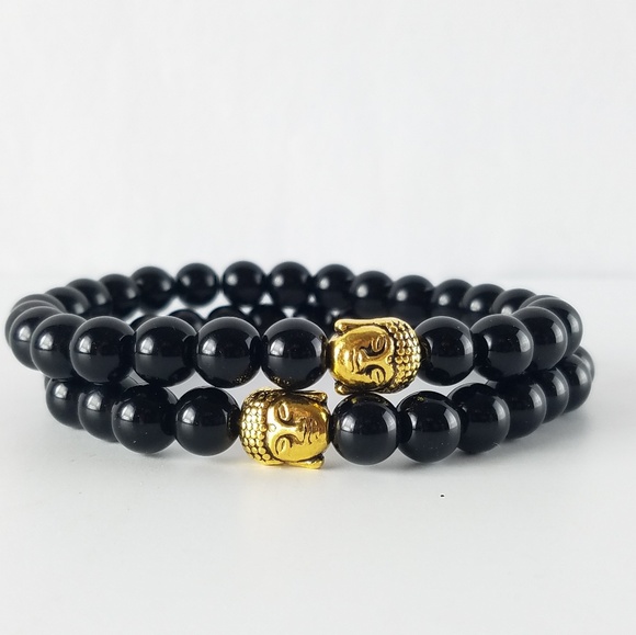 Men's Black Jasper Gold Buddha Bracelet - Picture 4 of 5